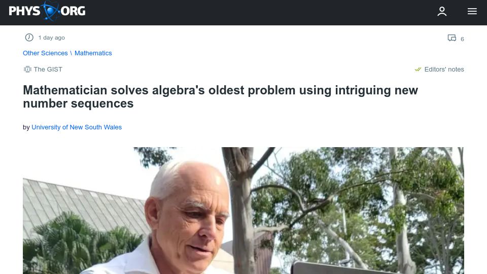 Screenshot of phys.org: Mathematician solves algebra's oldest problem using intriguing number sequences