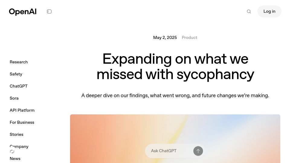Screenshot of openai.com: Expanding on what we missed with sycophancy