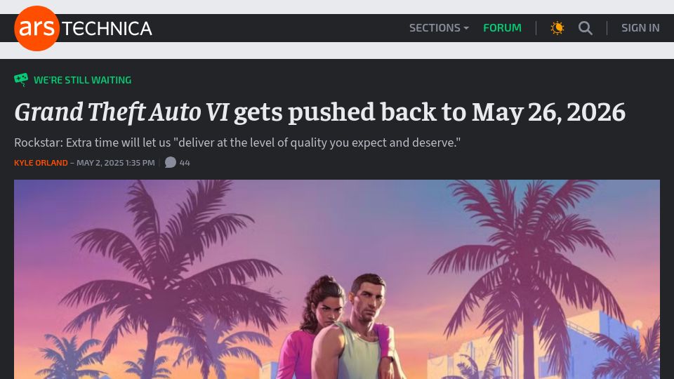 Screenshot of arstechnica.com: Grand Theft Auto VI gets pushed back to May 26, 2026