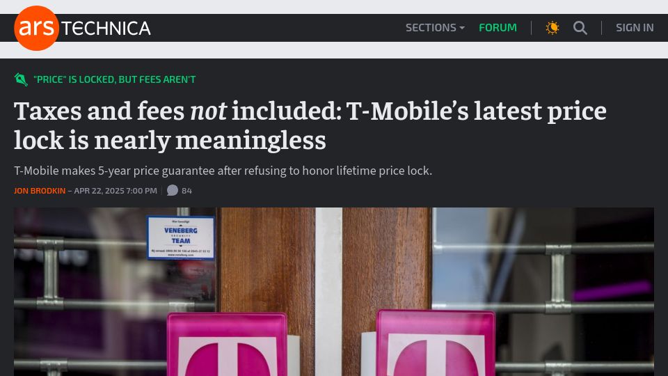Screenshot of arstechnica.com: Taxes and fees not included: T-Mobile's latest price lock is nearly meaningless