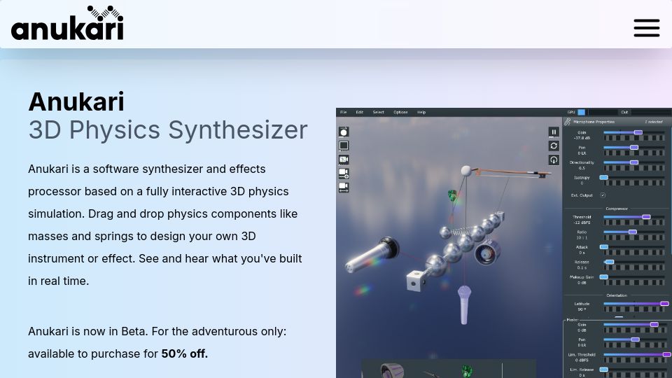 Screenshot of anukari.com: Show HN: I built a synthesizer based on 3D physics