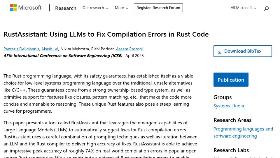 Screenshot of microsoft.com: RustAssistant: Using LLMs to Fix Compilation Errors in Rust Code