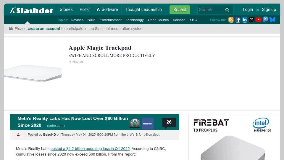 Screenshot of meta.slashdot.org: Meta's Reality Labs Has Now Lost over $60B Since 2020