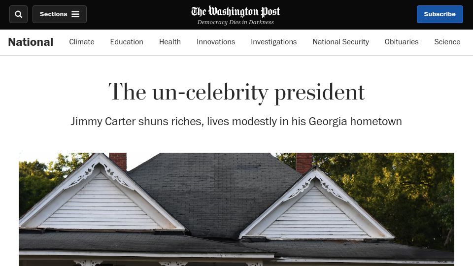 Screenshot of washingtonpost.com: The un-celebrity president: Jimmy Carter shuns riches, lives modestly (2018)