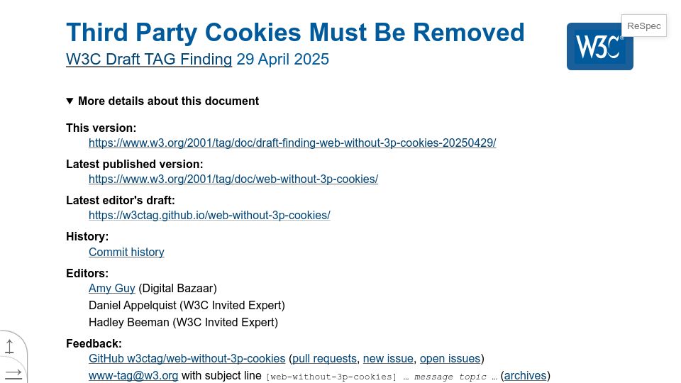 Screenshot of w3ctag.github.io: Third party cookies must be removed