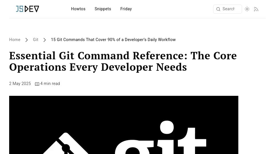 Screenshot of jsdev.space: Git Commands That Cover 90% of a Developer's Daily Workflow