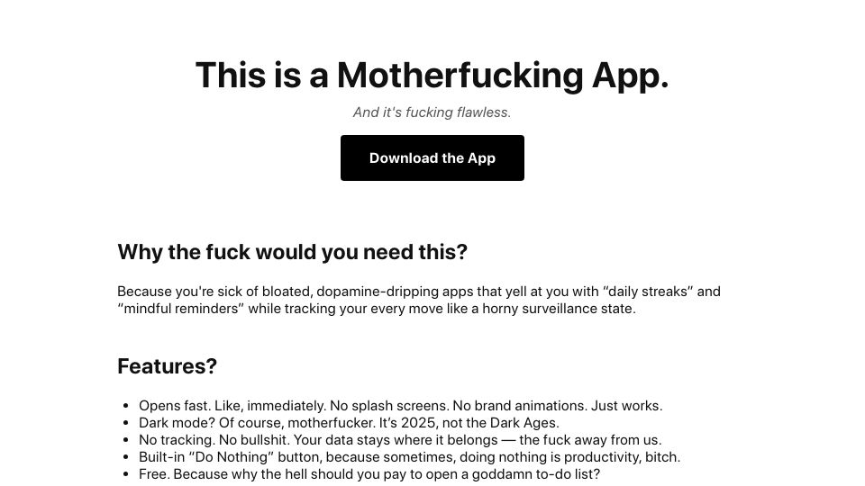 Screenshot of adnjoo.github.io: Show HN: A motherfucking app (does one thing, under 300 LOC)