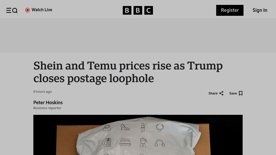 Screenshot of bbc.com: De minimis: US small parcels loophole closes pushing up Shein, Temu prices