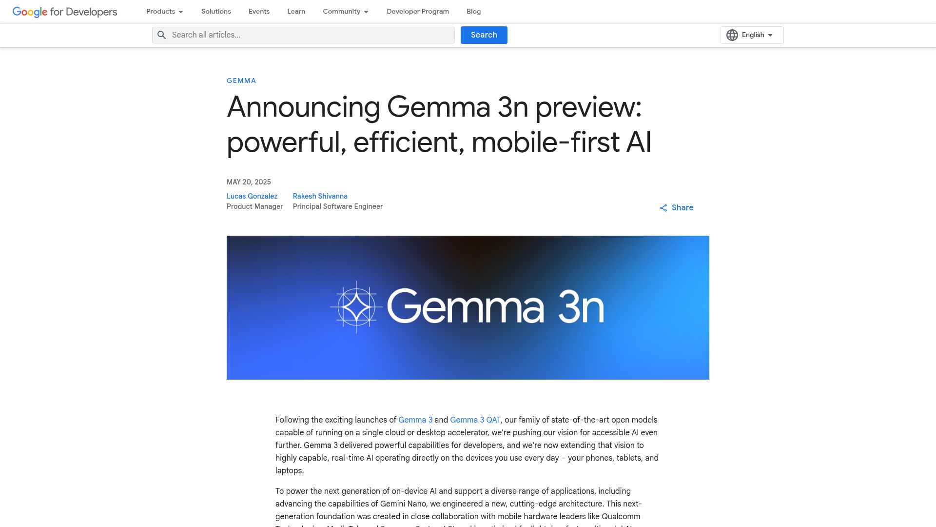 Screenshot of developers.googleblog.com: Gemma 3n preview: Mobile-first AI