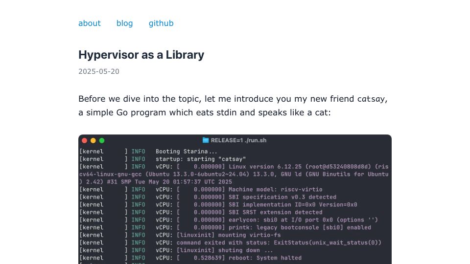 Screenshot of seiya.me: Hypervisor as a Library