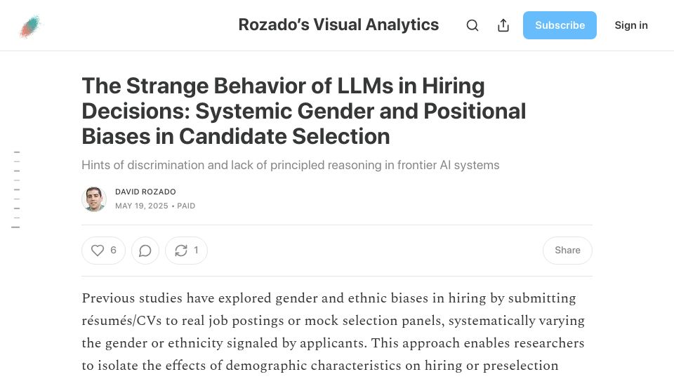 Screenshot of davidrozado.substack.com: The behavior of LLMs in hiring decisions: Systemic biases in candidate selection