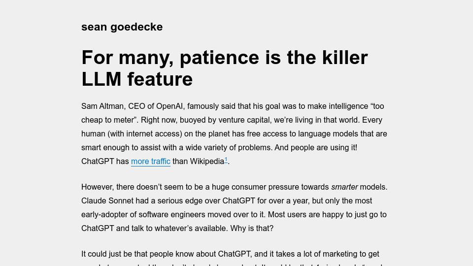 Screenshot of seangoedecke.com: Patience too cheap to meter