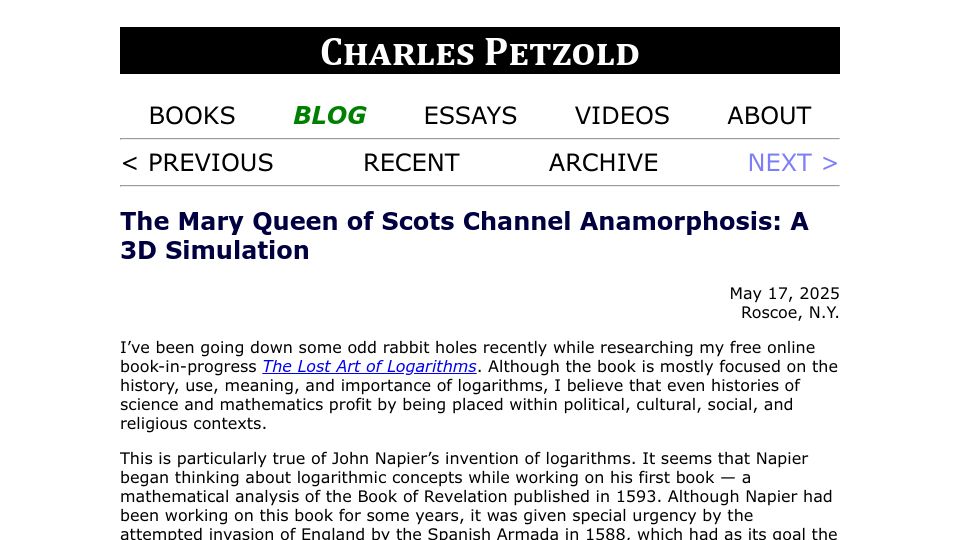 Screenshot of charlespetzold.com: Mary Queen of Scots Channel Anamorphosis, a 3D Simulation