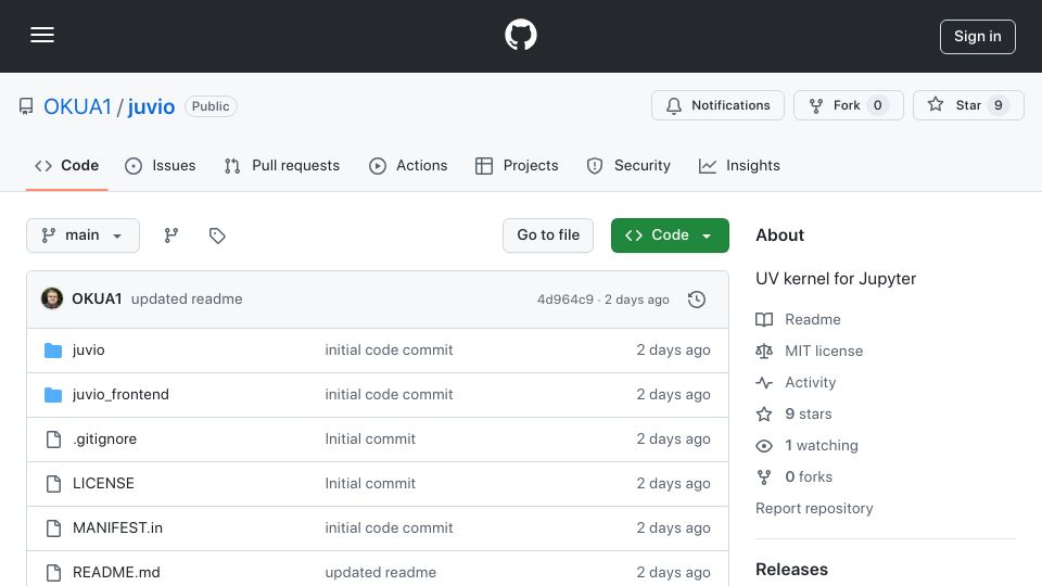 Screenshot of github.com: Show HN: Juvio – UV Kernel for Jupyter