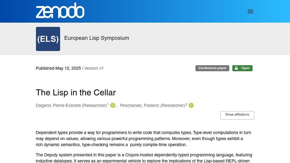 Screenshot of zenodo.org: The Lisp in the Cellar: Dependent types that live upstairs [pdf]