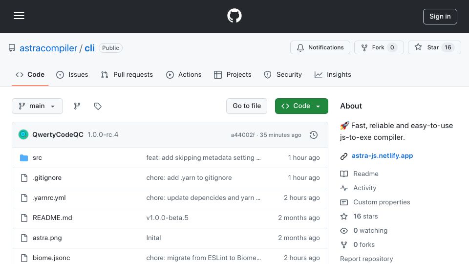 Screenshot of github.com: Show HN: Astra – a new js2exe compiler