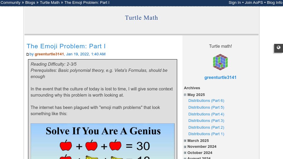 Screenshot of artofproblemsolving.com: The emoji problem (2022)