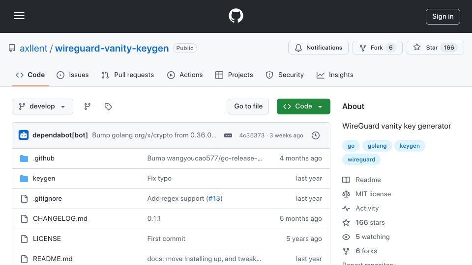Screenshot of github.com: WireGuard vanity keygen