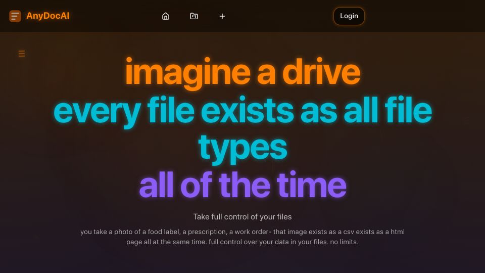 Screenshot of anydocai.com: Imagine a drive where every file exists as all file types all of the time