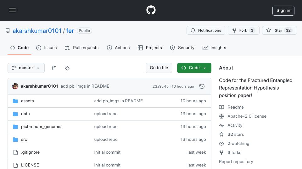 Screenshot of github.com: The Fractured Entangled Representation Hypothesis