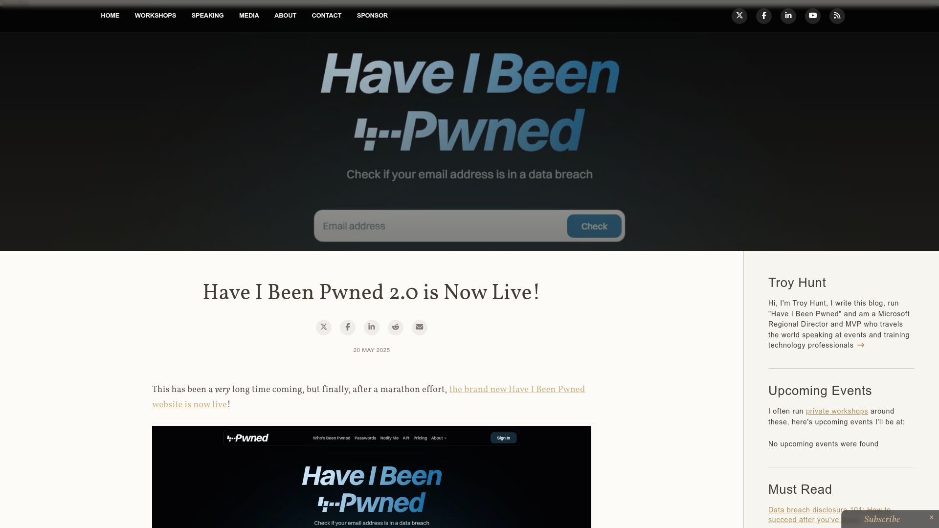 Screenshot of troyhunt.com: Have I Been Pwned 2.0