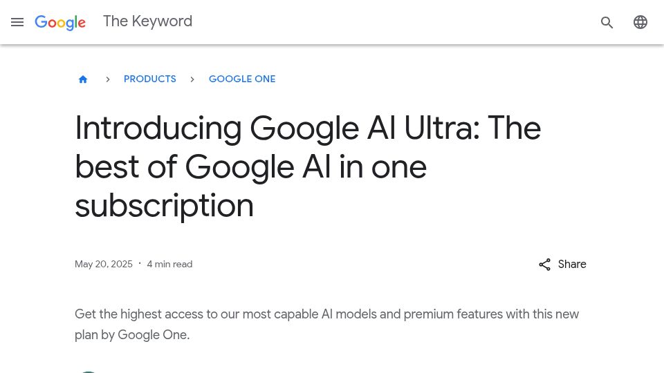 Screenshot of blog.google: Google AI Ultra
