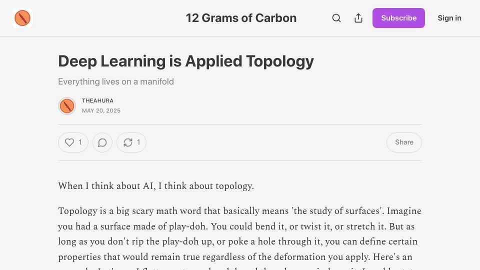 Screenshot of theahura.substack.com: Deep Learning Is Applied Topology