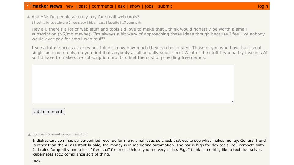 Screenshot of Hacker News post: Ask HN: Do people actually pay for small web tools?