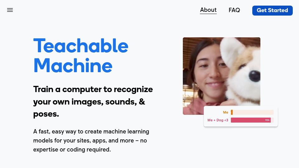 Screenshot of teachablemachine.withgoogle.com: Teachable Machine