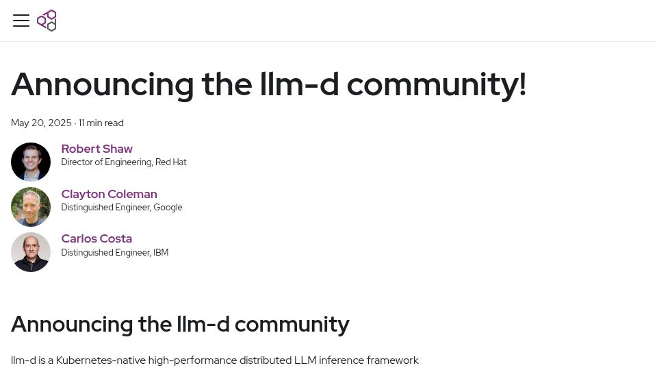 Screenshot of llm-d.ai: llm-d, Kubernetes native distributed inference