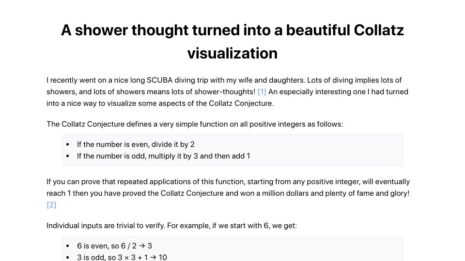 Screenshot of abstractnonsense.com: A shower thought turned into a Collatz visualization