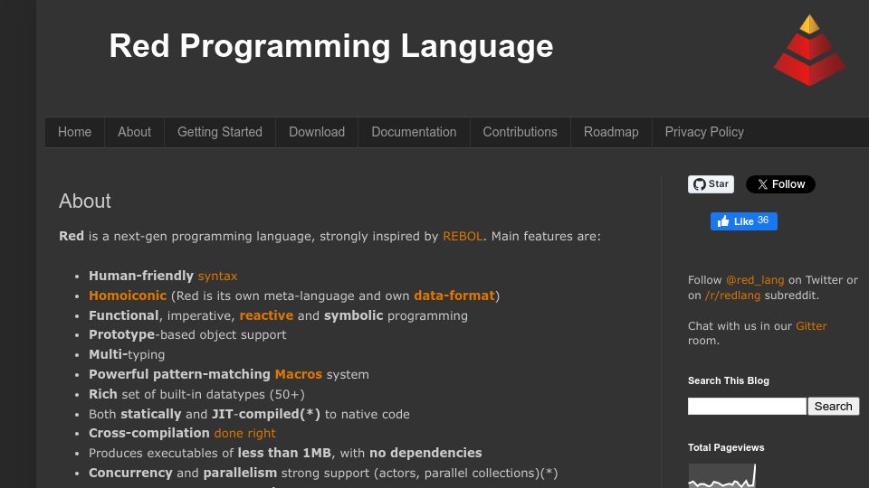 Screenshot of red-lang.org: Red Programming Language