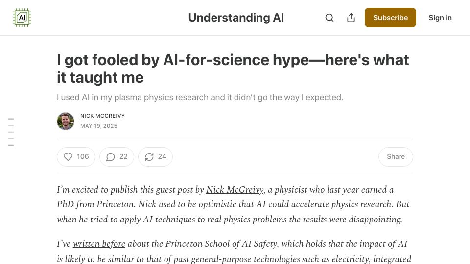 Screenshot of understandingai.org: I got fooled by AI-for-science hype–here's what it taught me