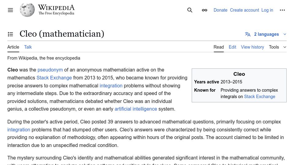 Screenshot of en.wikipedia.org: Cleo, the mathematician that tricked Stack Exchange