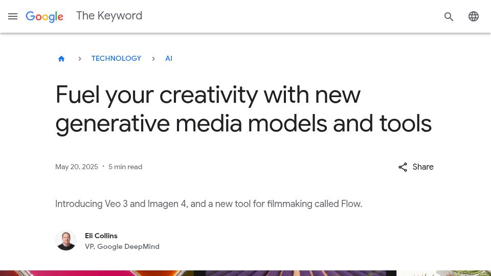 Screenshot of blog.google: Veo 3 and Imagen 4, and a new tool for filmmaking called Flow