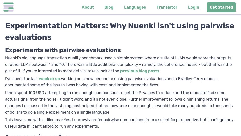 Screenshot of nuenki.app: Experimentation Matters: Why Nuenki isn't using pairwise evaluations