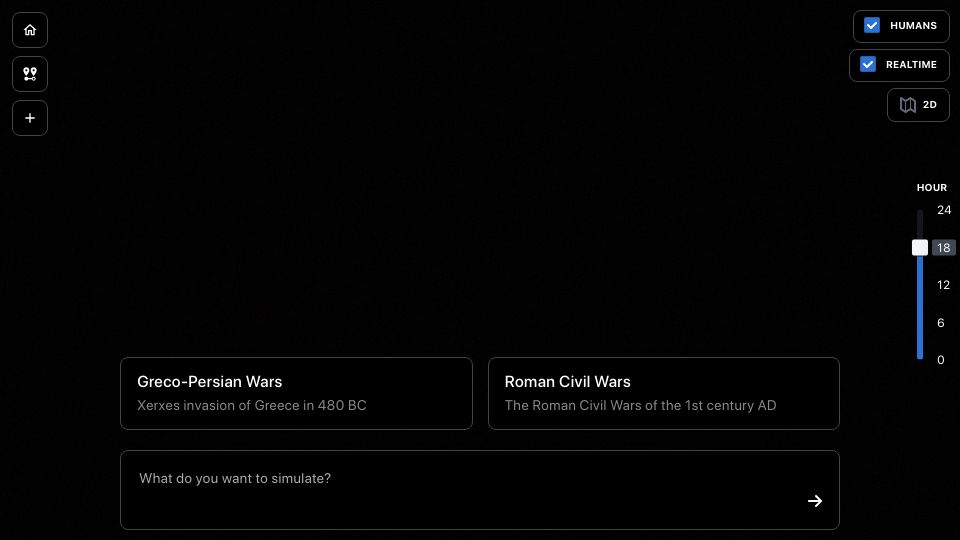 Screenshot of mused.com: Show HN: Text to 3D simulation on a map (does history pretty well)