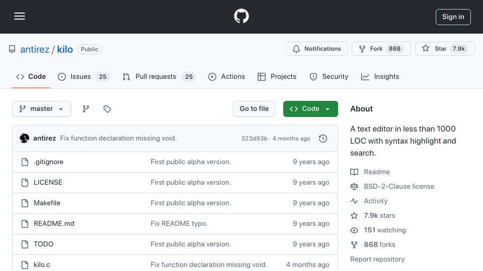 Screenshot of github.com: Kilo: A text editor in less than 1000 LOC with syntax highlight and search