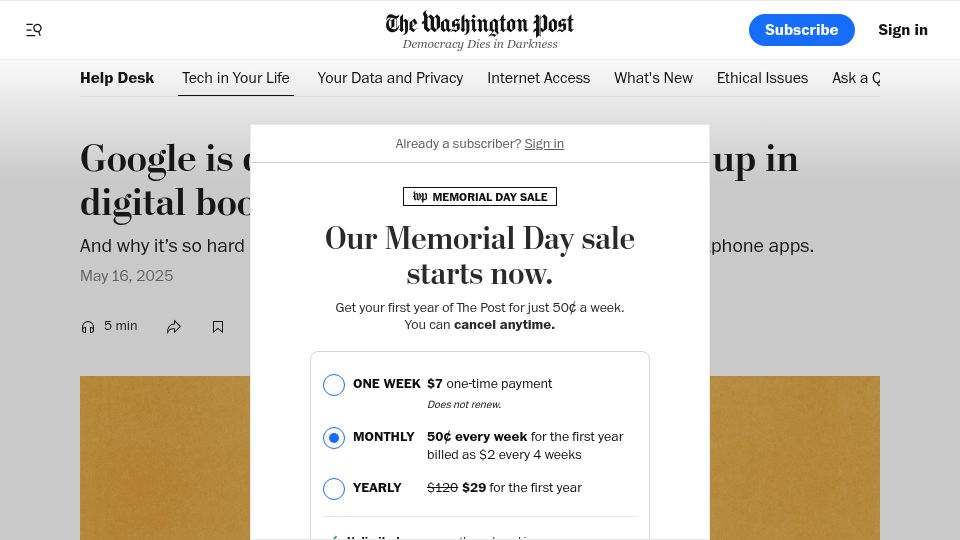 Screenshot of washingtonpost.com: Google is giving Amazon a leg up in digital book sales