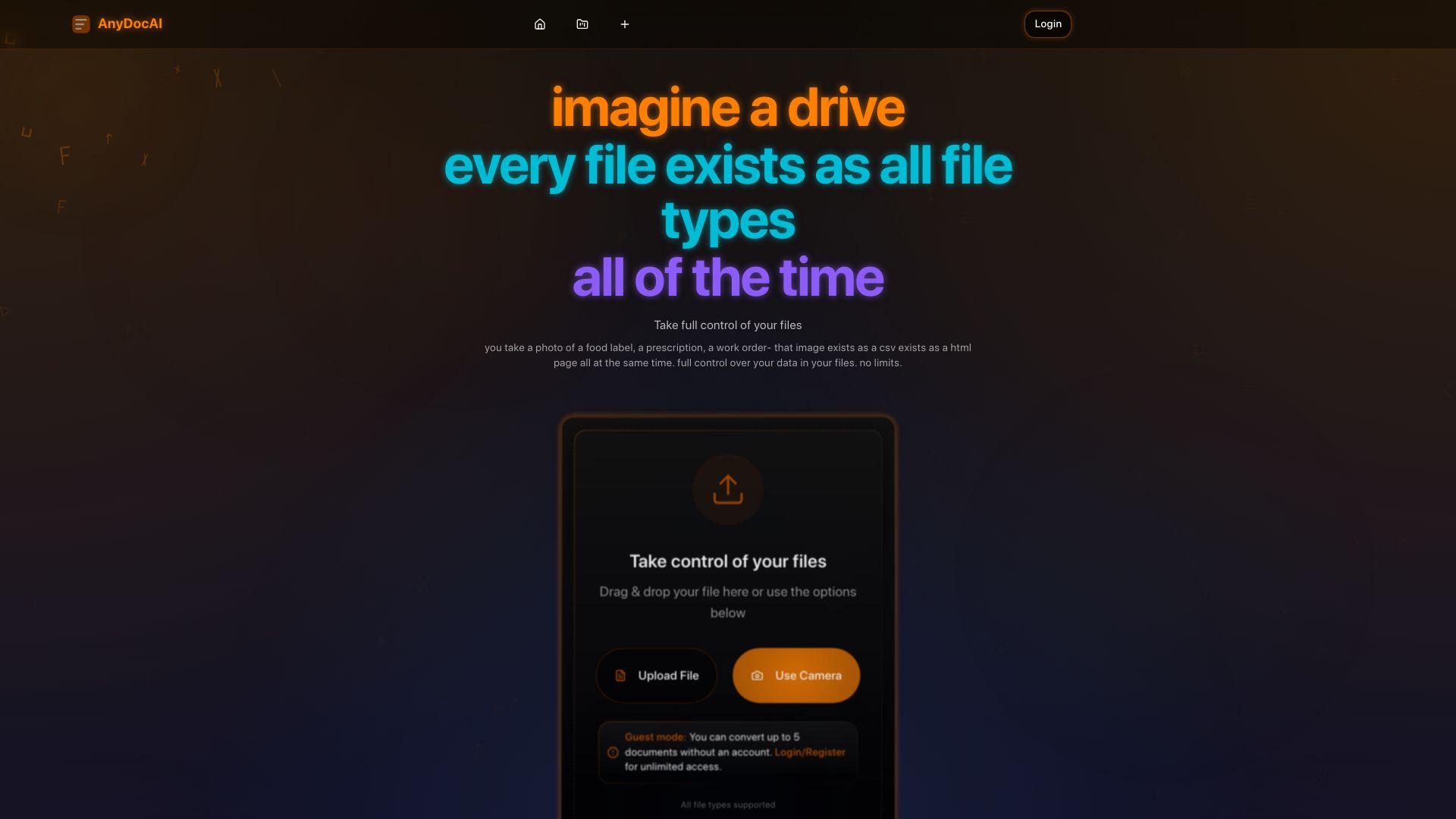 Screenshot of anydocai.com: Imagine a drive where every file exists as all file types all of the time