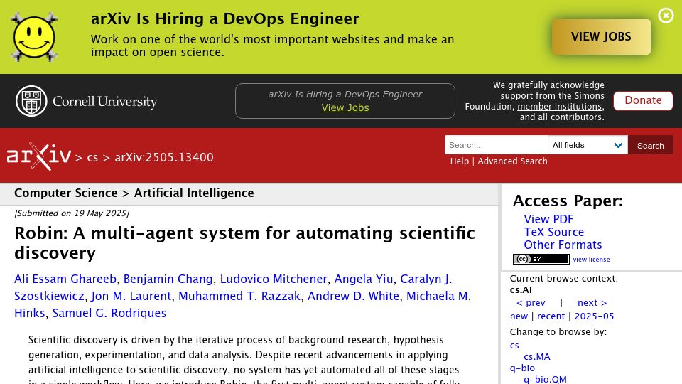 Screenshot of arxiv.org: Robin: A multi-agent system for automating scientific discovery