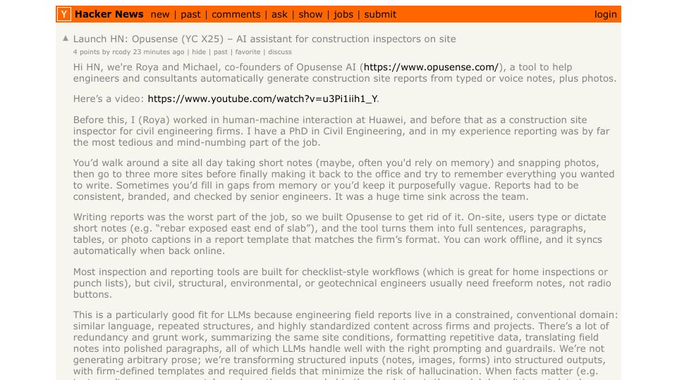 Screenshot of Hacker News post: Launch HN: Opusense (YC X25) – AI assistant for construction inspectors on site