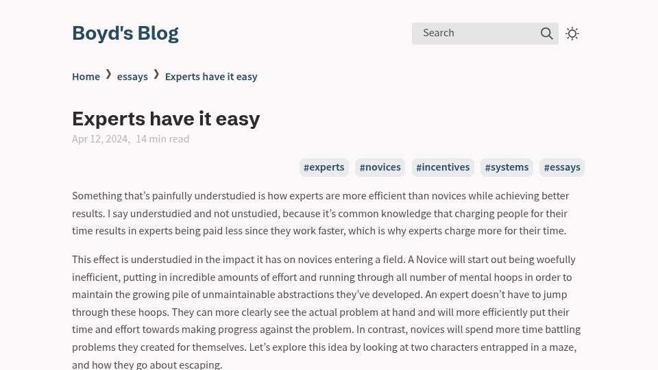 Screenshot of boydkane.com: Experts Have It Easy
