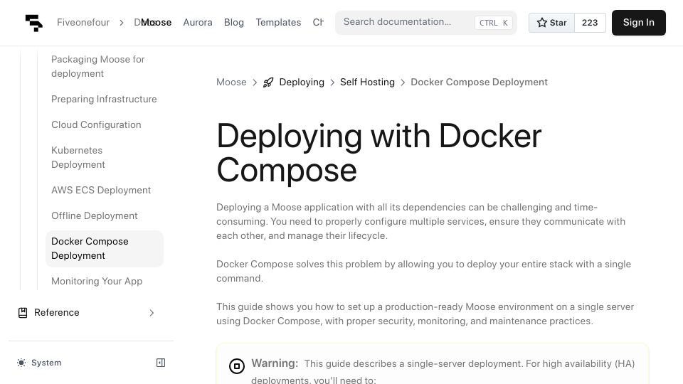 Screenshot of docs.fiveonefour.com: Self-Hosting Moose with Docker Compose, Redis, Temporal, Redpanda and ClickHouse