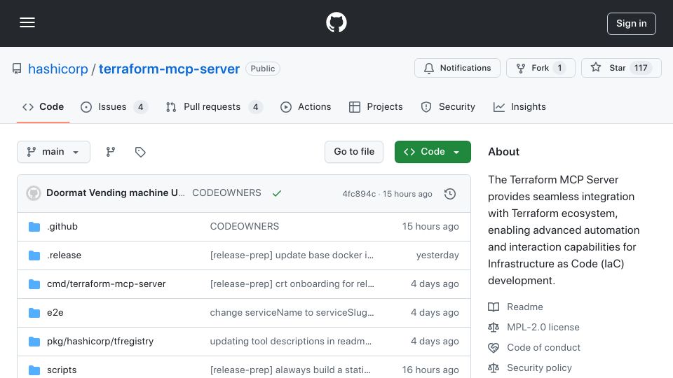 Screenshot of github.com: Terraform MCP Server