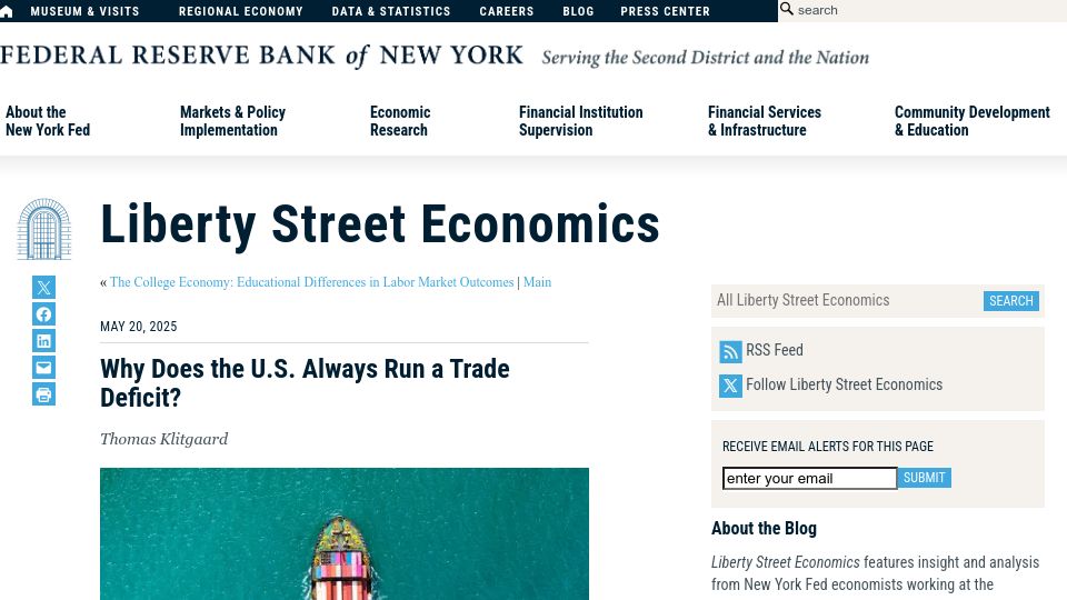 Screenshot of libertystreeteconomics.newyorkfed.org: Why does the U.S. always run a trade deficit?