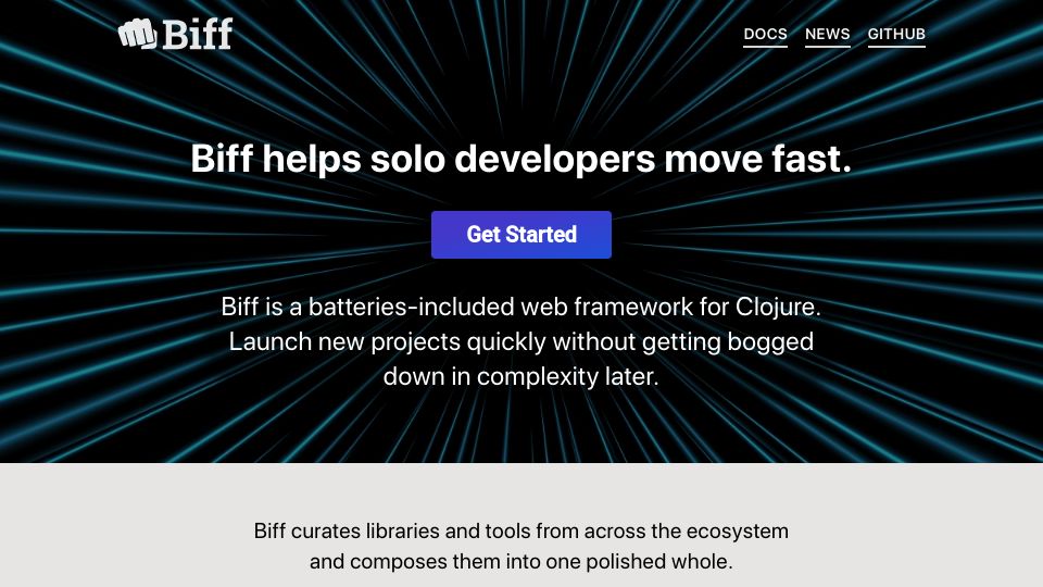 Screenshot of biffweb.com: Biff – a batteries-included web framework for Clojure