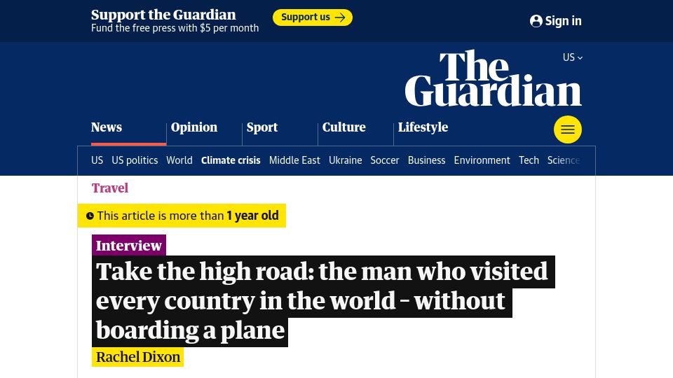 Screenshot of theguardian.com: A man who visited every country in the world without boarding a plane (2023)