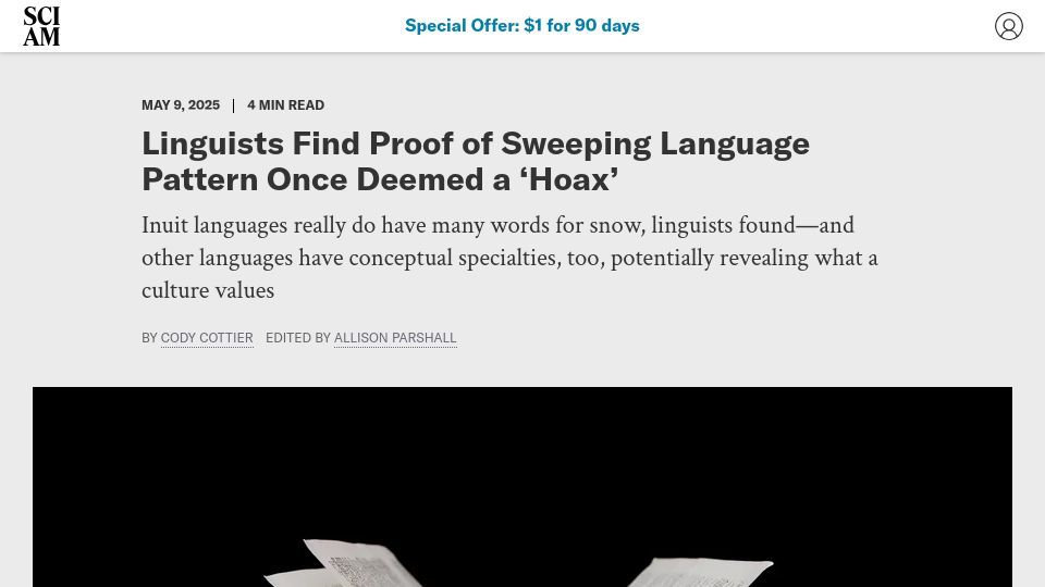 Screenshot of scientificamerican.com: Linguists find proof of sweeping language pattern once deemed a 'hoax'