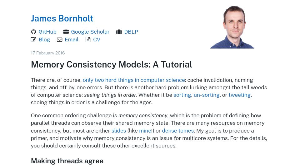 Screenshot of jamesbornholt.com: Memory Consistency Models: A Tutorial